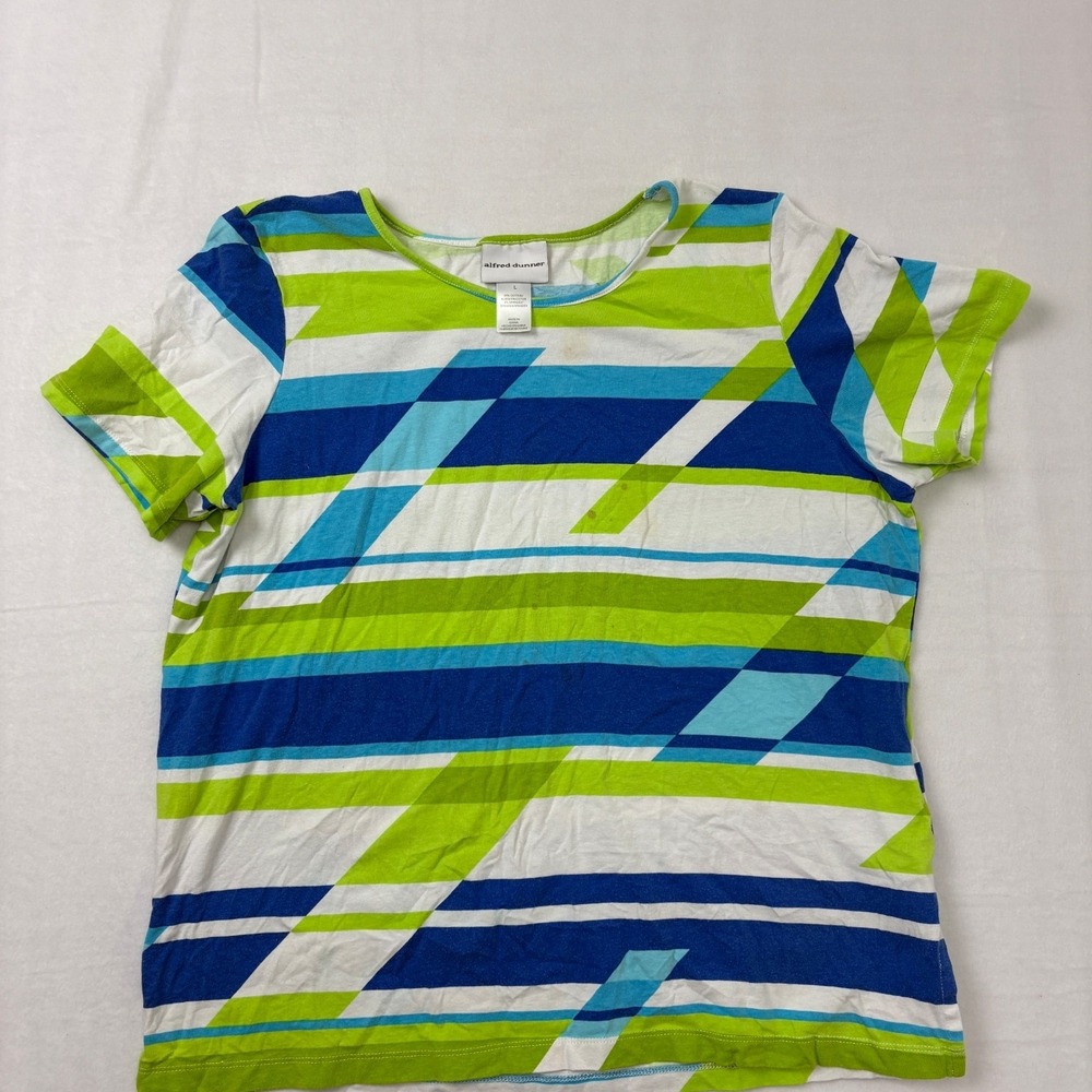 Alfred Dunner Womens Large Green Blue Geometric Striped Cotton Spandex T-Shirt